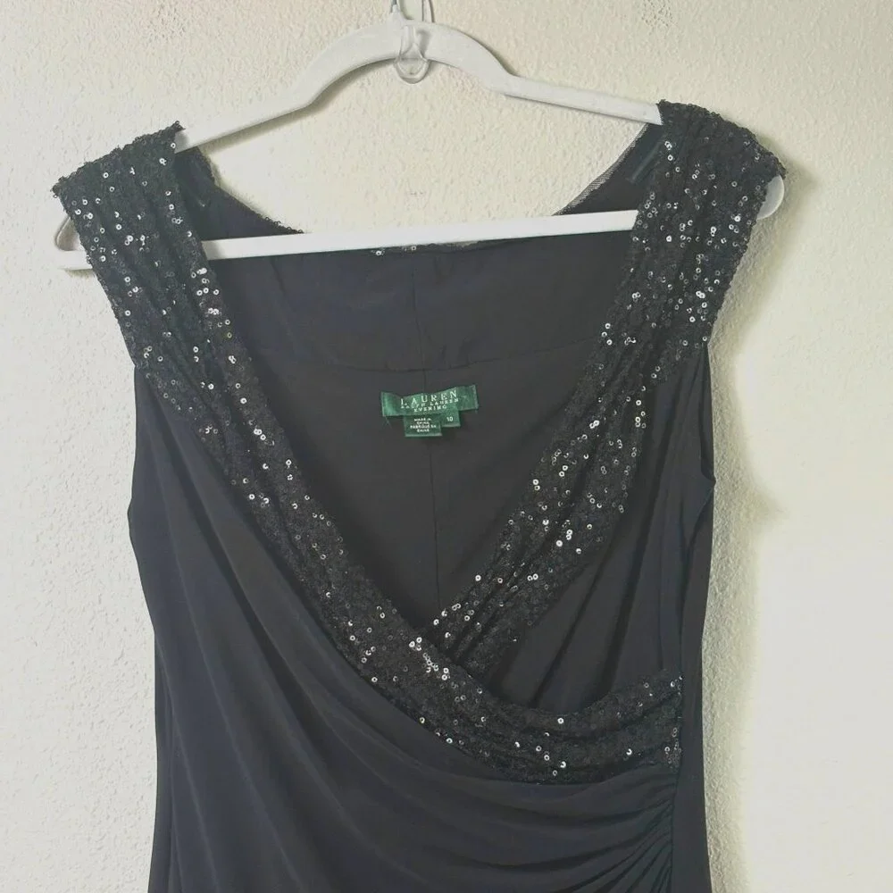 Lauren Ralph‎ Lauren Evening Sequin Cocktail Dress Size 10 Black Ruched Sheath